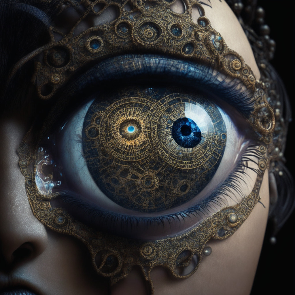 An intricately detailed steampunk-style orb scanning a human iris, under a harsh and ominous light, symbolizing rigid scrutiny. The backdrop is a faded blockchain pattern to reflect the cryptographic underpinnings. The mood is tense, with an edge of anticipation, reflecting the controversy over aggressive biometric data collection practices.