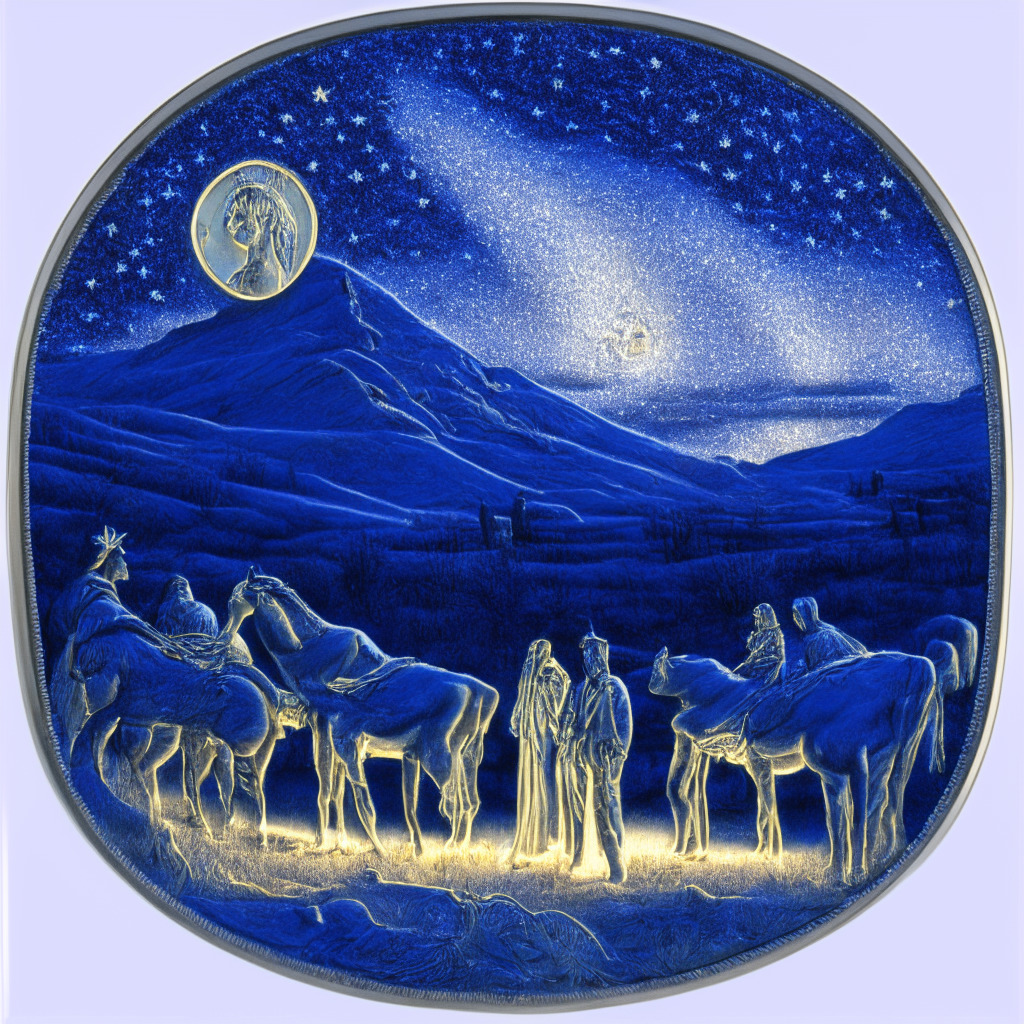 Highly-detailed, semi-abstract representation of Wyoming landscape under a starry twilight sky, with a foreground focus on a group of dignified figures symbolizing the state's representatives. They hold an iridescent, US dollar-pegged digital coin, emitting a soft, promising glow representing stablecoin. The image evokes a mood of anticipation, breakthrough, and fiscal adventure.