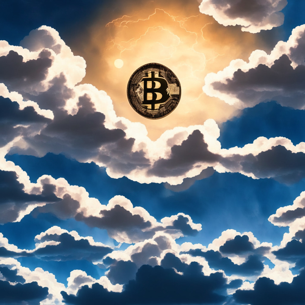 Rising digital coins against an abstract sky with the Japanese-inspired Ichimoku cloud system functioning as a resistance. XRP, shining with incomparable intensity, ascends above the symbolic cloud, while BTC struggles beneath the cloudy resistance. This is a twilight setting, reflecting a sense of conquest but with an undertone of uncertainty. The overall mood is a mix of excitement and anticipation. Please, add an artistic style inspired by Japanese Ukiyo-e art.