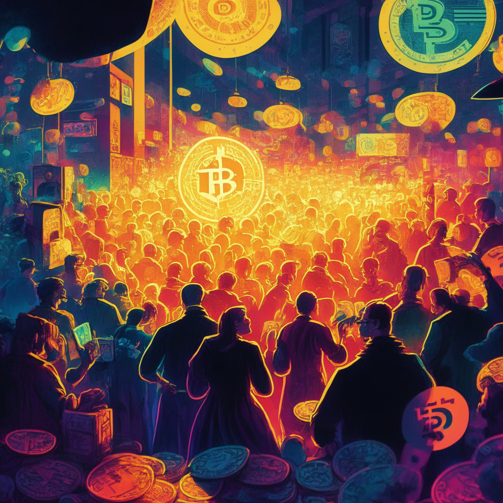 A scene of a vibrant financial market, bustling with activity and chaos. On one side, illuminate a visible rise in smaller, colorful cryptocurrencies, showing tremendous growth. Their light illuminates the scene like a rising sun, filling it with colors and life. On the other side, depict Bitcoin, saddened and dimmed under the shadow of the rising smaller tokens. Make the mood of the scene a delicate balance of exhilaration and uncertainty, intriguing and inviting yet alarming.