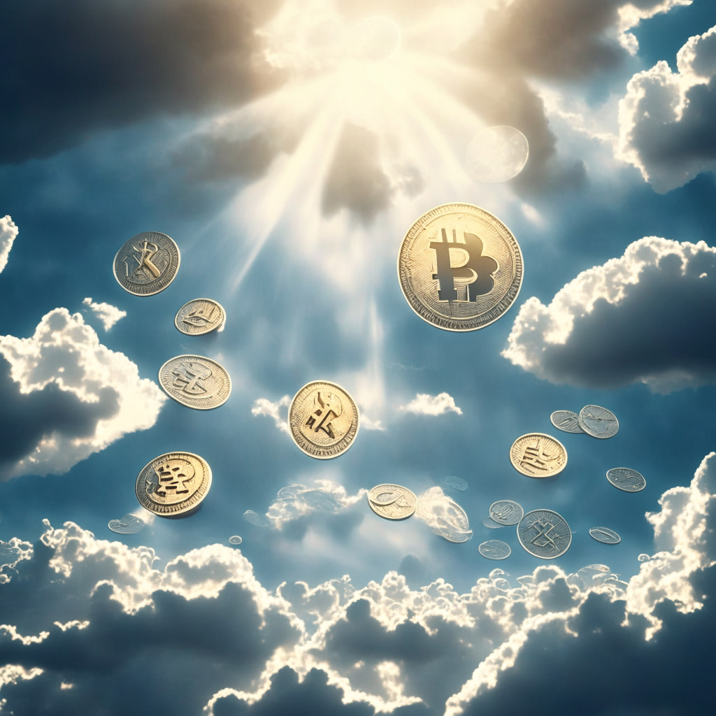 Digital coins floating in a cloudy sky, symbolizing XRP's market surge. Style: semi-abstract. Lighting: Bright, glistening. Coins gleaming as sunrays of success rise after the storm of a lawsuit, casting long shadows over other coins. Mood: optimism and victory after a long battle.