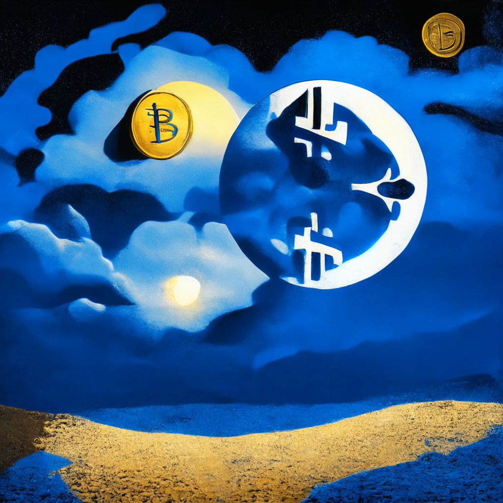 Neo-Expressionist style image of two coins, one gold representing Bitcoin, the other silver symbolizing XRP. The gold coin struggles to ascend a steep gradient, while the silver one soars mutely into a deep-blue dusk sky lit with an ephemeral glow of victory. The mood is a mix of anticipation, struggle and triumph, all under the umbrella of uncertainty.