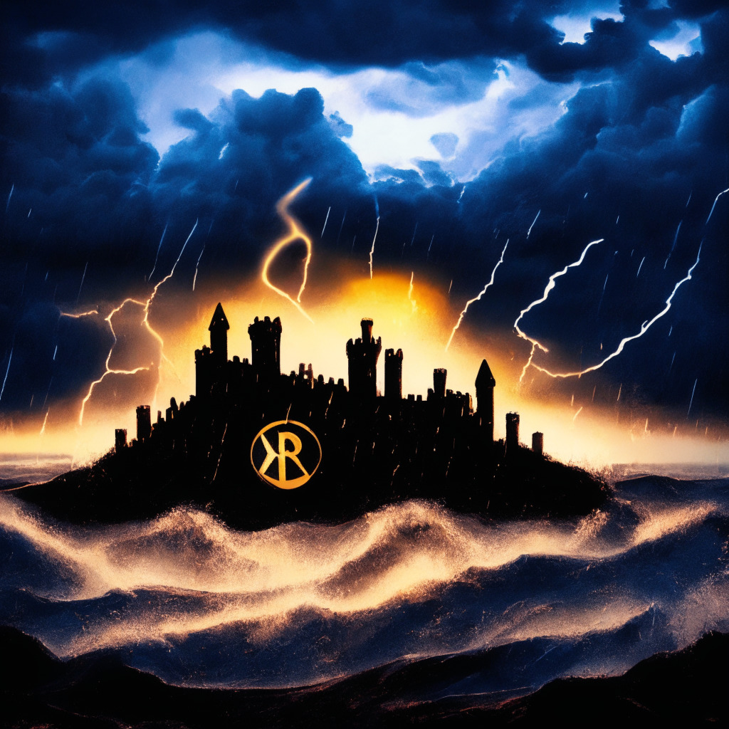 An abstract representation of a legal battlefield under a stormy sky, Ripple's logo, depicted as a castle defending itself against the illustrated SEC logo as firepower. The battlefield bathes in uncertain twilight, while the background transitions from tumultuous, stormy dark to hopeful, glowing dawn. In the foreground, XRP tokens symbolized as soldiers remain resilient. The setting sun's splashes of golden light create a sharp contrast, signifying potential victory amidst volatility. The style: romanticism, evoking emotions of suspense and anticipation.