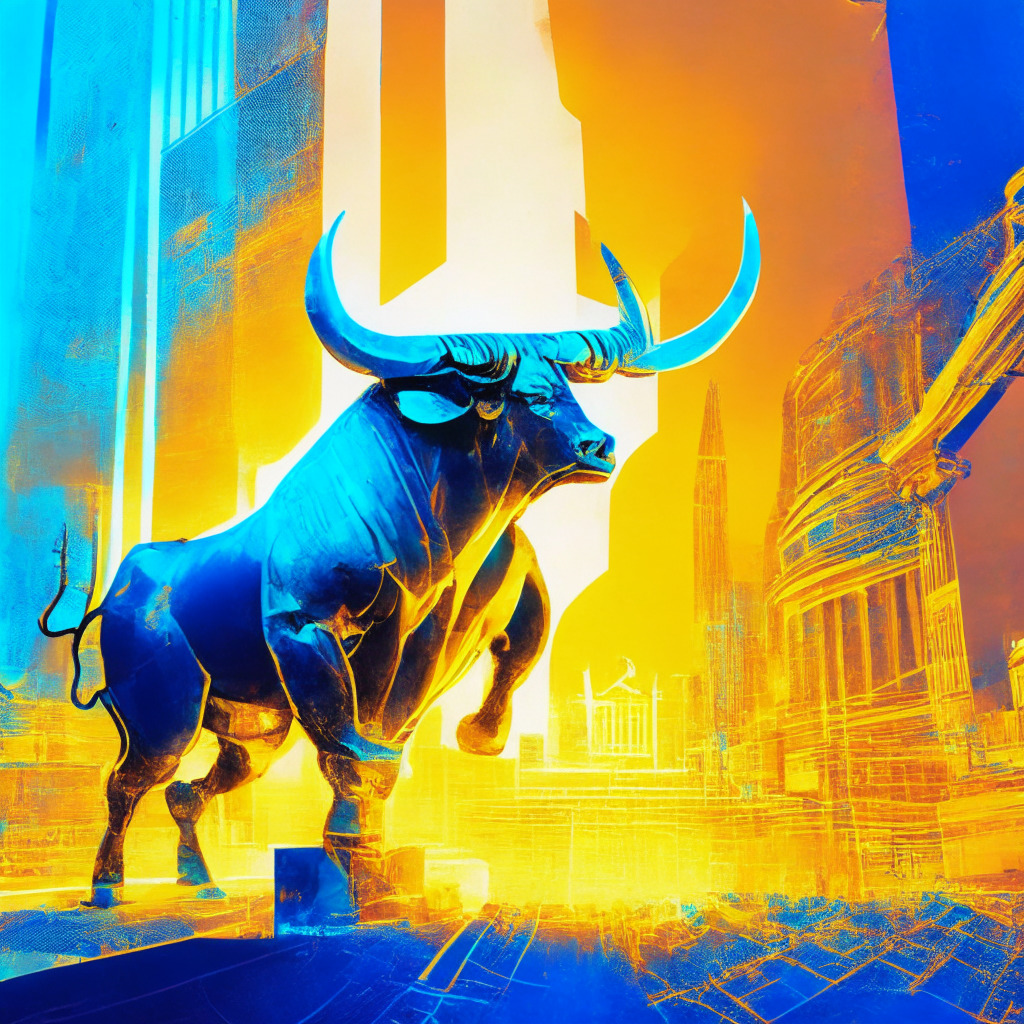 An abstract view of a victorious bull, glorious in luminescent golds and electric blues, rising from a courtroom judge's gavel impact, representing the Securities and Exchange Commission's verdict. Transitioning light shifts from sunset to sunrise, hinting at an uncertain path, embodying optimism and doubts. A futuristic cityscape backdrop introduces subtly embedded crypto symbols, reflecting the dynamic tech world. Mood: triumphant, yet speculative.