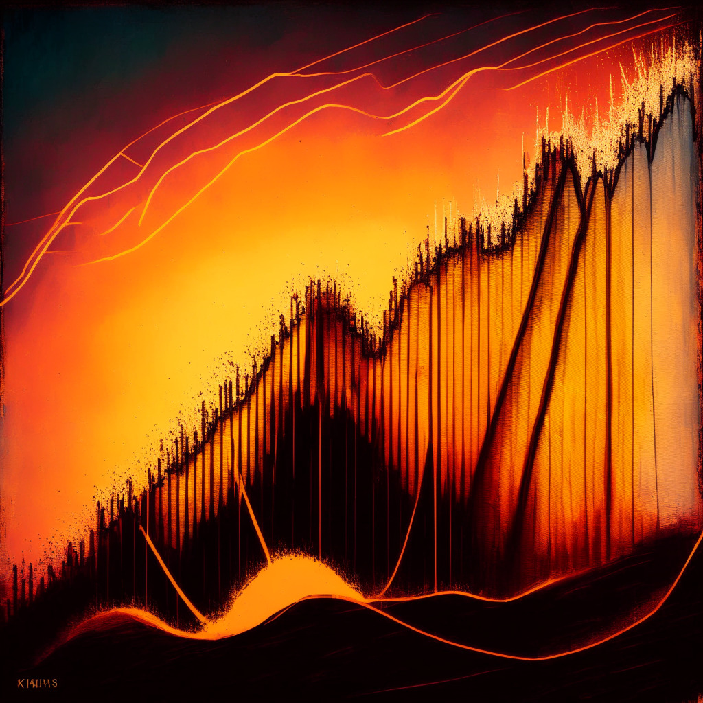 A roller coaster graph, bathed in the warm glow of an ascending sunset, representing XRP’s tumultuous growth trend. Various markers represent highs with surges, lows with dips, though always climbing higher. Textures of the roller coaster have an oil painting aesthetic, creating a scene of vibrant drama. The mood is tension mixed with hopeful anticipation.