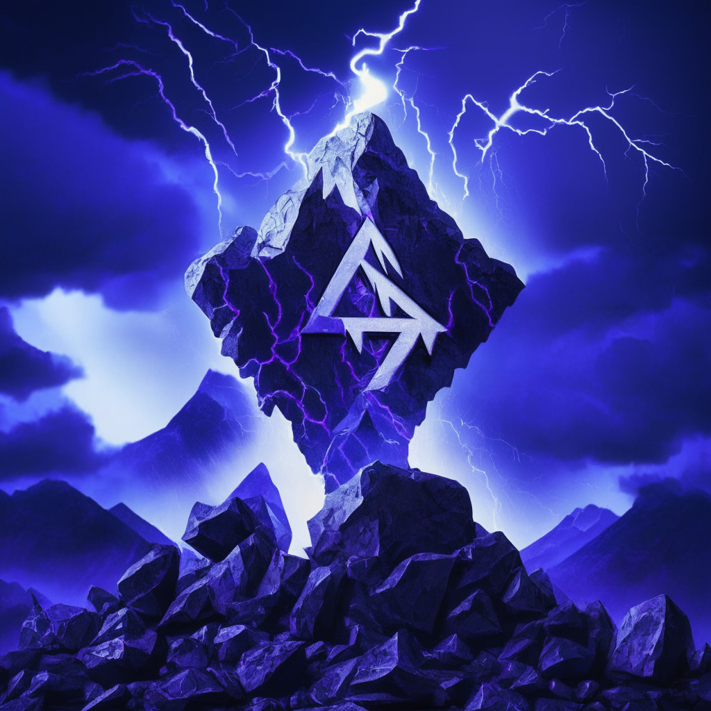 An abstract representation of a rocky mountain peak, tinged with cool blues and purples to represent the rising value of a cryptocurrency amid a tumultuous storm. Lightning flickers in the form of a justice gavel, an echo of the recent lawsuit proceedings which provide a backlit aesthetic, creating dramatic shadows. The sky is filled with futuristic, neon digital symbols and coins, signifying the world of crypto trading. Meme-themed tokens are humorously illustrated on the horizon with hip-hop 80's graffiti art influence. Painted in the style reminiscent of surrealism, the image has an overall feel of uncertain optimism and dynamism, reflecting the high-risk, high-reward nature of the crypto world.
