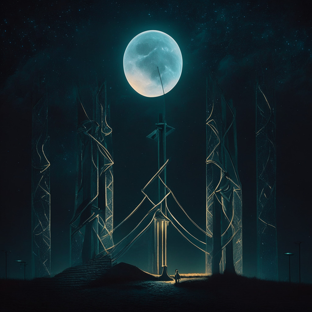 An atmospheric night scene with soft, ethereal lights illuminating a bold, towering structure symbolising XRP rising higher, A pathway weaving around the structure signifies its fluctuating trajectory. A pair of scales in the foreground as a nod to court rulings, debating figures on one side, representing the discourse. Muted colors set a tone of uncertainty, underscored by an awaiting moon symbolizing BTC.