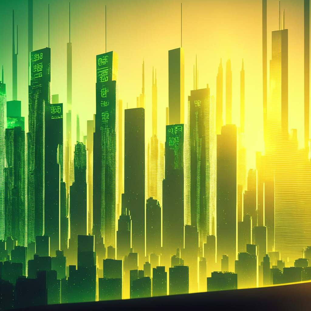Dawn breaking over a futuristic city skyline, digitized skyscrapers symbolizing cryptocurrencies, dominating XRP. Light filters through an optimistic haze, illuminating the city in soft hues of victory green and prosperous gold, embodying growth and success. A rising stock chart weaves between buildings, manifesting the recent price surge. As a backdrop, a court gavel, subtly hinting at Ripple's legal victory. Balancing the scene, diverse, emerging tokens symbolized by smaller buildings, reflecting cautious investment strategies in a dynamic, hopeful and promising financial landscape.