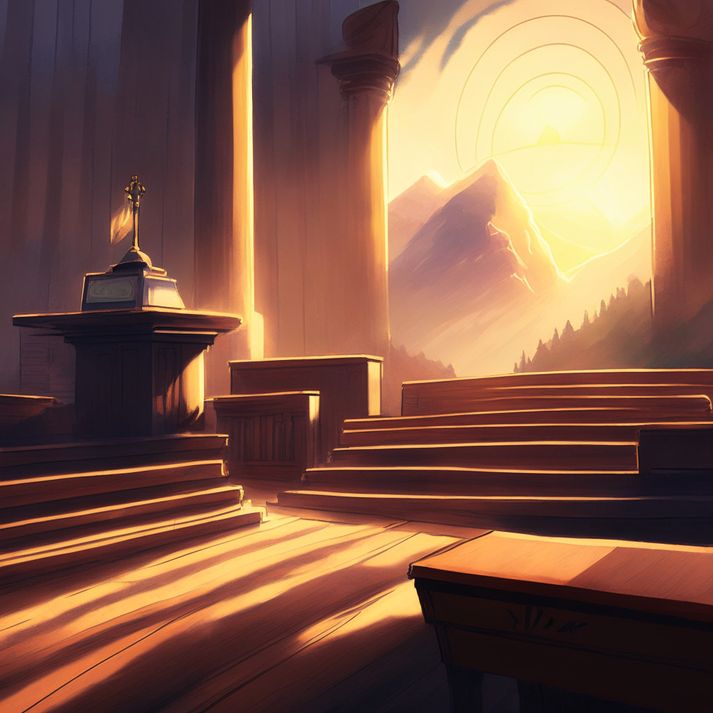 A courtroom scene illuminated by the soft, subtle light of sunrise, painted in a neo-impressionistic style. A (gavel) symbolizing Ripple's ongoing case with the SEC rests on a wooden bench. In the distance, a steep mountain path, representing XRP's potential rally, climbs towards a bright, hopeful horizon. Small flakes of gold, symbolizing XRP coins, twinkle in the hopeful dawn light, hinting at a possible rebound. The overall mood of the image is one of tense anticipation, coupled with a glimmer of optimism.