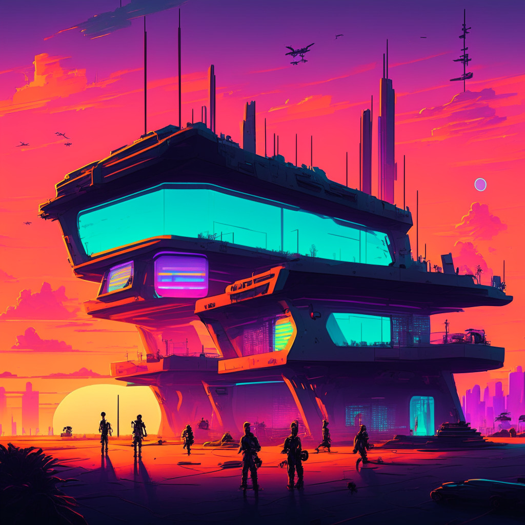 Vibrant metaverse landscape at dusk with a gigantic studio at the center, Ape avatars in high-tech, cyber infused attire engaging in communal activities, Neon-lit, futuristic clubhouse prominently in the horizon, A hint of pixel art style, Muted light from a setting sun casting long shadows, Underlying mood of dynamic interaction and ambitious anticipation.