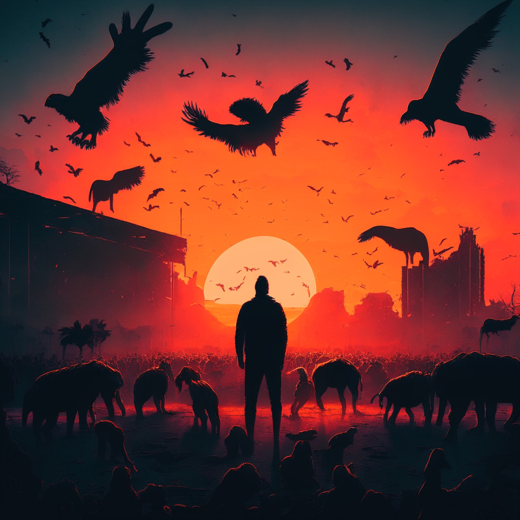 Dystopian sunset over a virtual zoo, chiaroscuro lighting captures the desperate mood. Digitized animals, various rarities, emerging from cracked eggs, symbolizing failed cryptic promises. Foreground, a lone sentinel debunking scams, hands raised in protest. Background, an ethereal influencer overlooking the chaos, remorse in his eyes. Art Style: Neo-noir, digital chaos.
