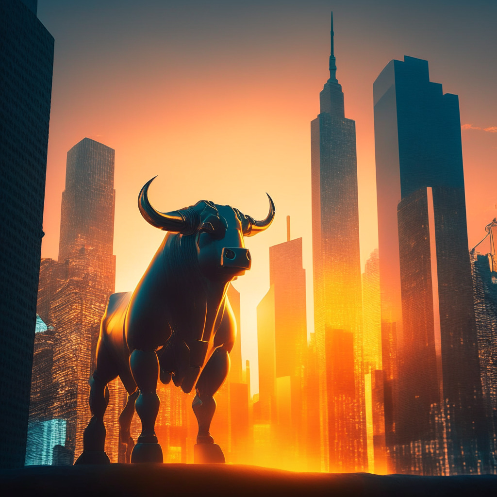 A futuristic cryptocurrency cityscape at dusk, Bitcoin-styled sun setting behind skyscrapers, hazy Bull statue casting long shadows embodying anticipation, economic symbols softly glowing around suggesting interest rate changes, potential ETF approval. Mood: promise and uncertainty.