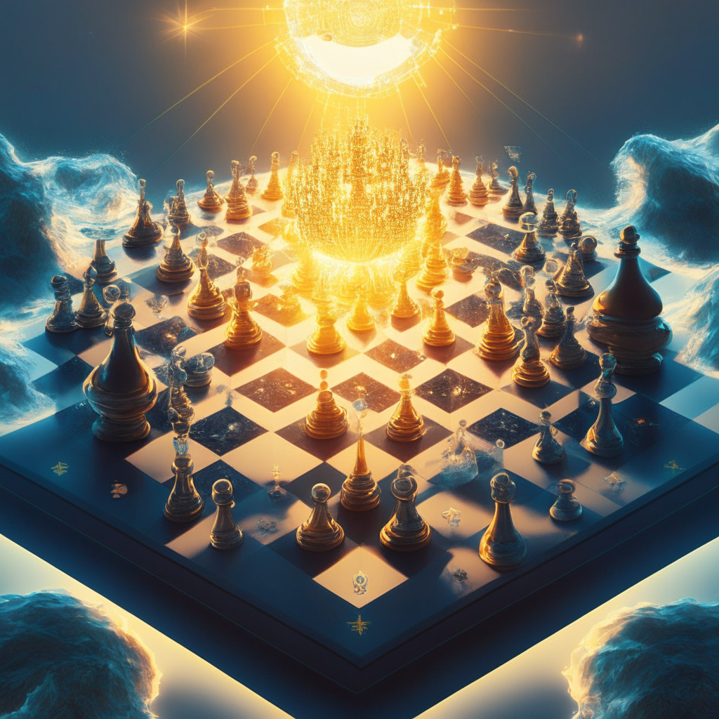 A detailed universe of blockchain illuminated by the soft glow of an ethereal digital sun, signifying the intricate world of crypto. Financial chess pieces strategically arranged on a floating board to depict the volatility, alliances and maneuvers of the industry. A mighty wave in the background, symbolizing looming challenges and illustrating Surrealist style. The mood is tense and anticipatory.