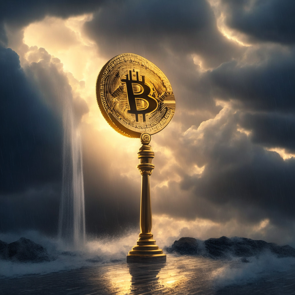 A judicial gavel hits on a gold Bitcoin, amid a stormy backdrop, symbolizing turbulence, A faint silhouette of the SEC building pointing towards the Bitcoin. Crypto coins dramatically scatter, representing volatility. Morning light hints at hope, setting a slightly optimistic but tense mood.