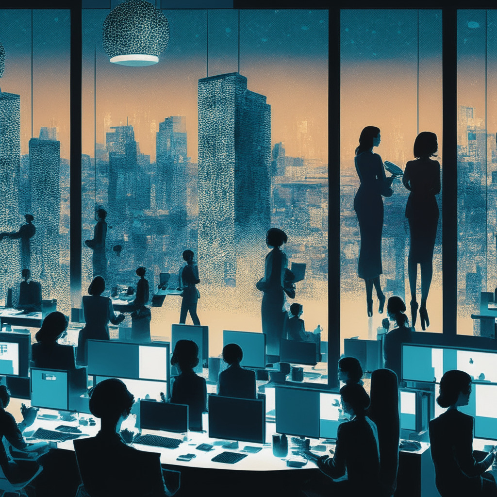 A scene depicting a global office space at dusk, with an artistic touch of pointillism, showing various professionals at work. In the foreground, female administrative workers, bank tellers, and hotel receptionists are represented, hinting at a sense of uncertainty and anticipation. In the midground, automated AI bots, depicted as translucent figures, are seen performing tasks. The background transitions from a bustling cityscape of a high-income country to a calmer low-income country landscape, subtly illustrating the geographical impact of AI. The image conveys a mixture of apprehension and optimism.