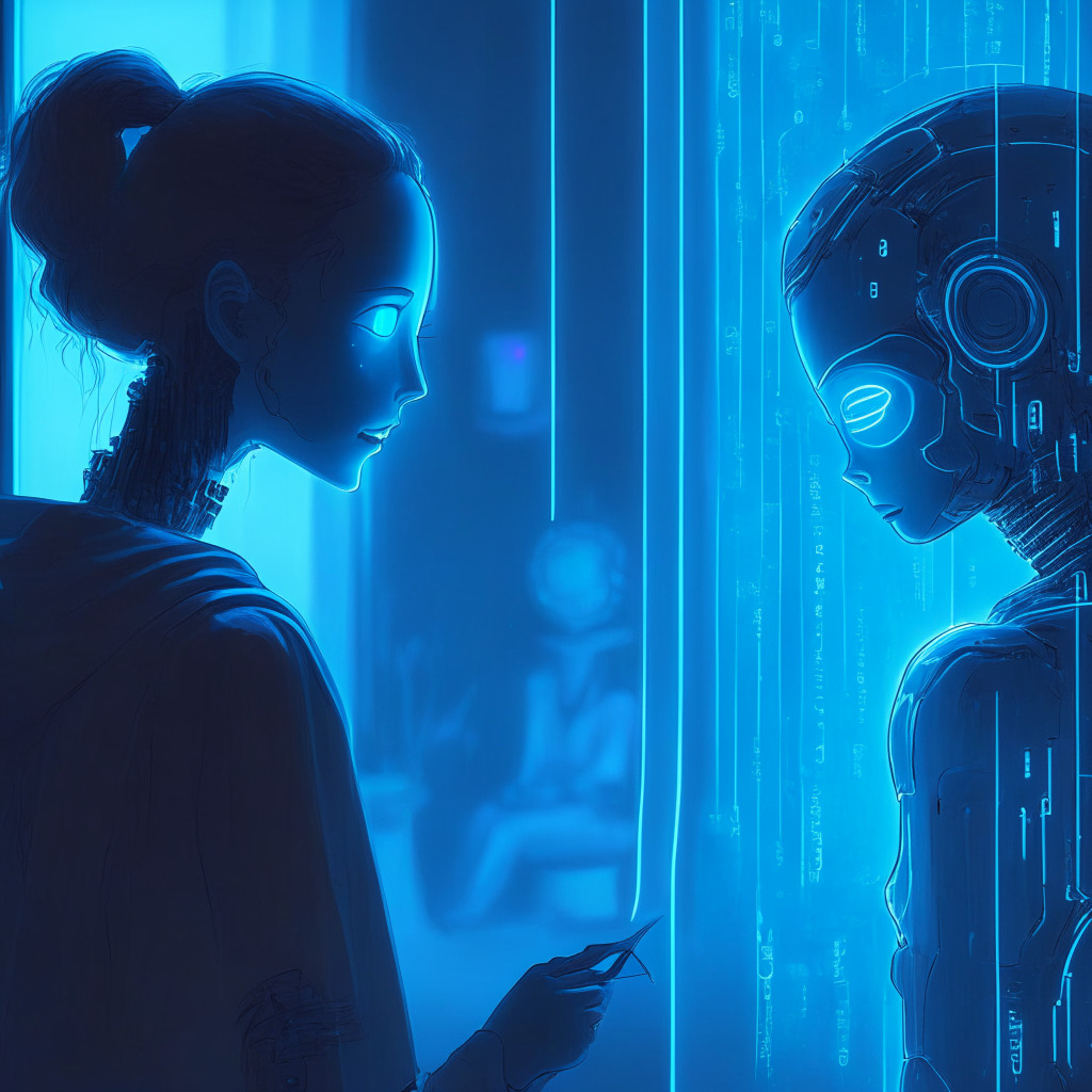 A futuristic scene, an AI chatbot with a charming human-like personality conversing with a user in a digital landscape, under a soft cool-blue light, reflecting curiosity and technological advancement. The chatbot emits light script, symbolizing accurate responses while a magnifying glass hovers over, signifying surveillance. Art style: cyberpunk, Mood: Contemplative, Intriguing