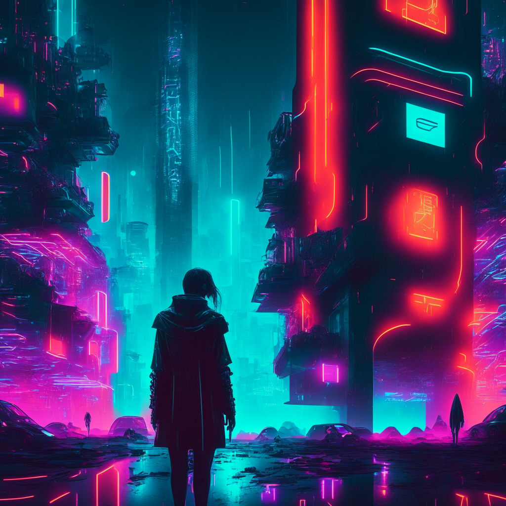 A noir-inspired, dystopian scene of a futuristic cityscape, dominated by AI technology, with ominous looming holograms of cloned digital avatars, and pulsating neon lights signifying AI's progressive sophistication. The mood is tense, capturing the threat deepfakes pose to cryptocurrency security systems, highlighted with a mix of cool and warm colors.