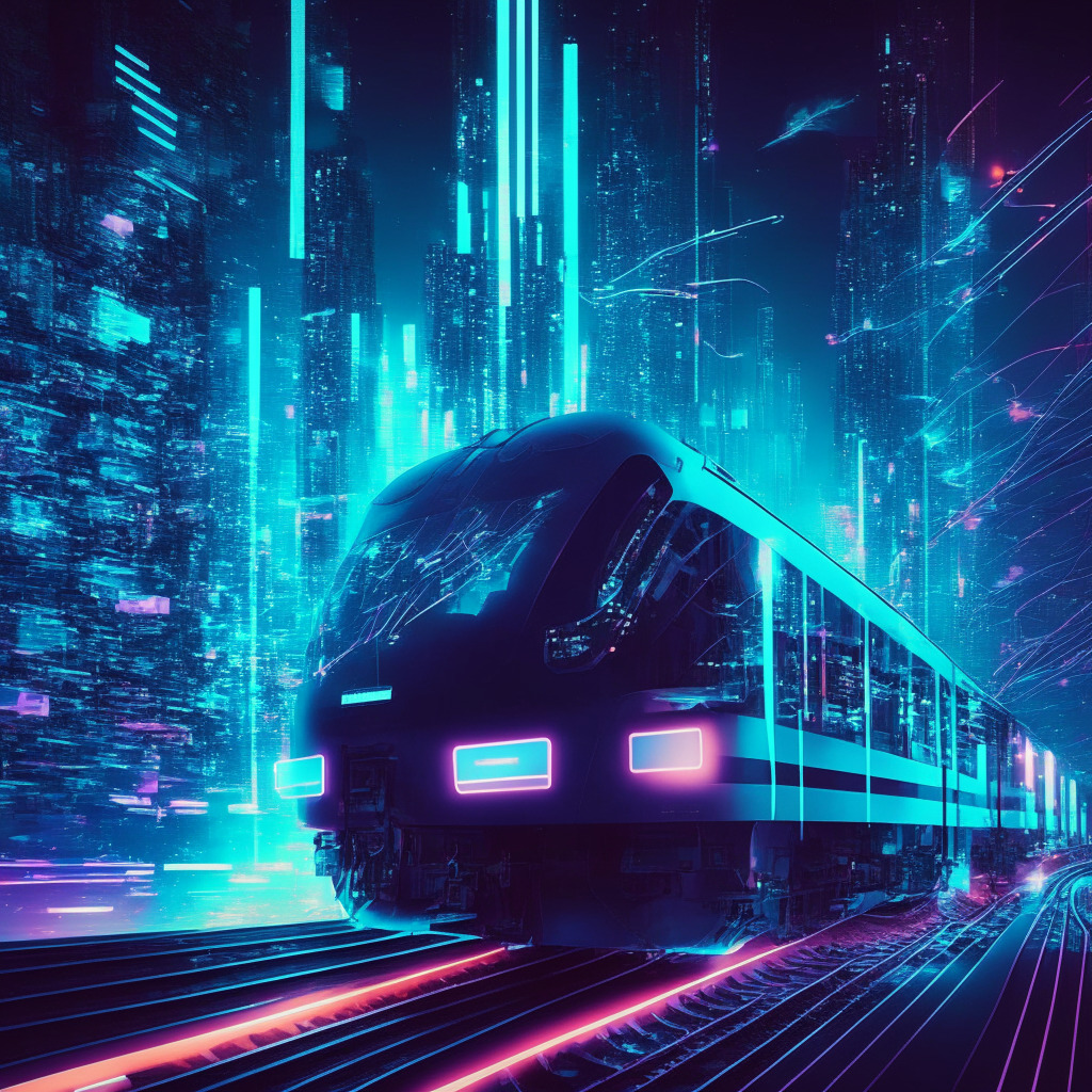 Depict a futuristic, bustling data train coursing through a cyber cityscape under moonlit glow. Neon reflections highlight a digital blockchain framework seamlessly melding with an AI figure, embodying GPT-4, it's perusing a holographic representation of crypto data sources. Convey a mood of anticipation and hint of skeptcisism, using an abstract, cyberpunk art style.