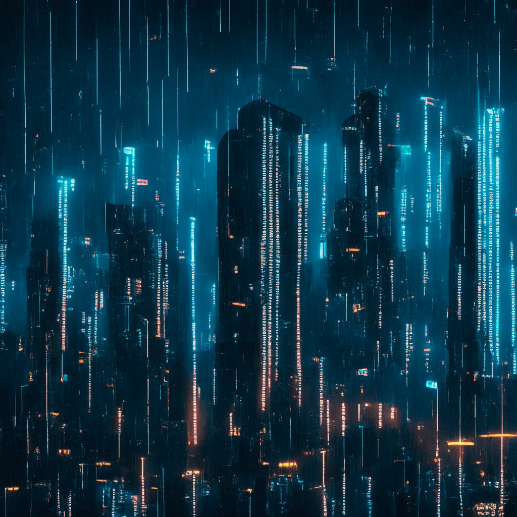 A rainy night scene in a futuristic urban cityscape, skyscrapers filled with lit windows, each representing a potential AI start-up company. A giant digital scoreboard in the sky shows increasing percentage values, symbolizing the predicted growth of AI's contribution to U.S. GDP. A cloud of question marks subtly represents looming challenges. This city is alive with the promise of AI yet underscored by a sense of patience.