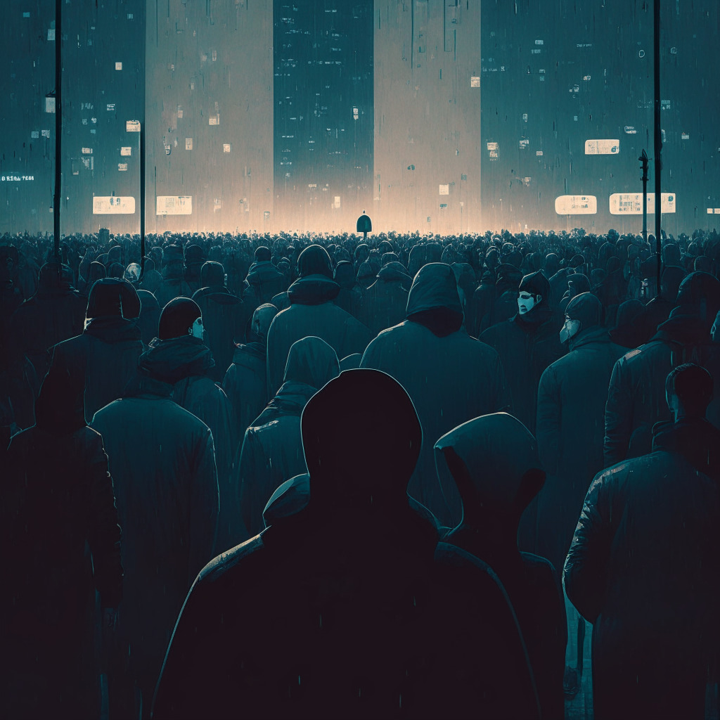 An abstract representation of dissonance in a tech-driven society, illustrating AI's influence juxtaposed with public distrust. A symbolic scene of a crowd facing technological objects in a modern, dystopian style. Illuminated under gloomy twilight, the contrast showcases apprehension mirrored by public sentiment towards AI advancements.