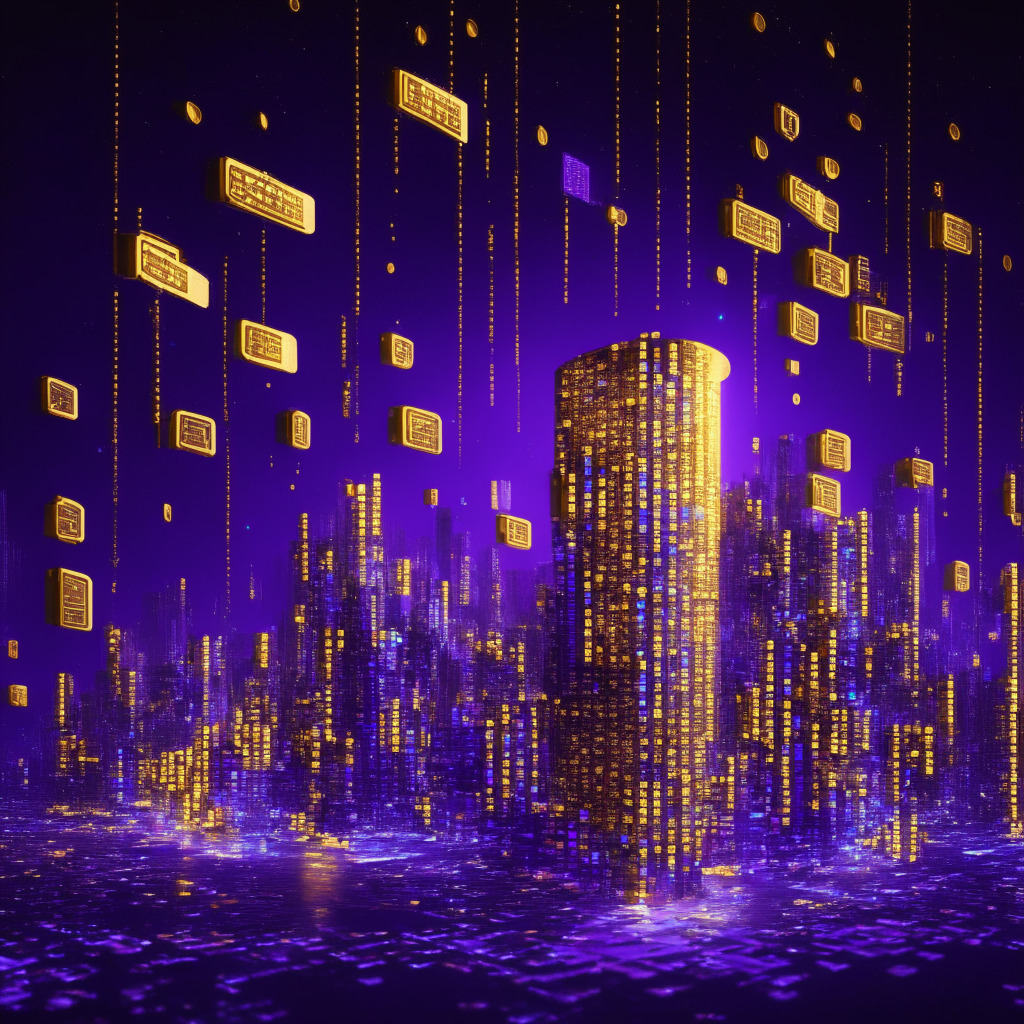 Imagine a neo-futuristic city at night, enveloped within a matrix of code. Golden coins embossed with Y-shaped symbols float in mid-air, forming a trail leading towards a high-tech tower symbolizing an expansive blockchain. Predominant hues of blues and violets set a mood of intense focus. Illuminated billboard displays a graph of ascending values. In the distance, AI-robots diligently mining, and unorthodox antennae collect data from digital clouds, symbolizing AI analysis and predictive analytics.