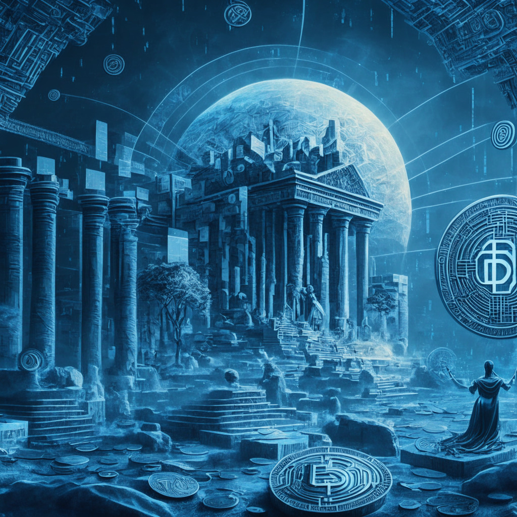 A view of modern financial landscape transforming into an ancient civilization, driven by an AI oracle reminiscent of ancient deities. In this scene, AI elements merge with Ethereum coins. The image showcases sophisticated tools capturing the volatile crypto vibes, using a blend of cool blues and metallic greys to represent data-driven prediction. The scene should carry a mood of caution, illuminated by the dim glow of uncertainty.