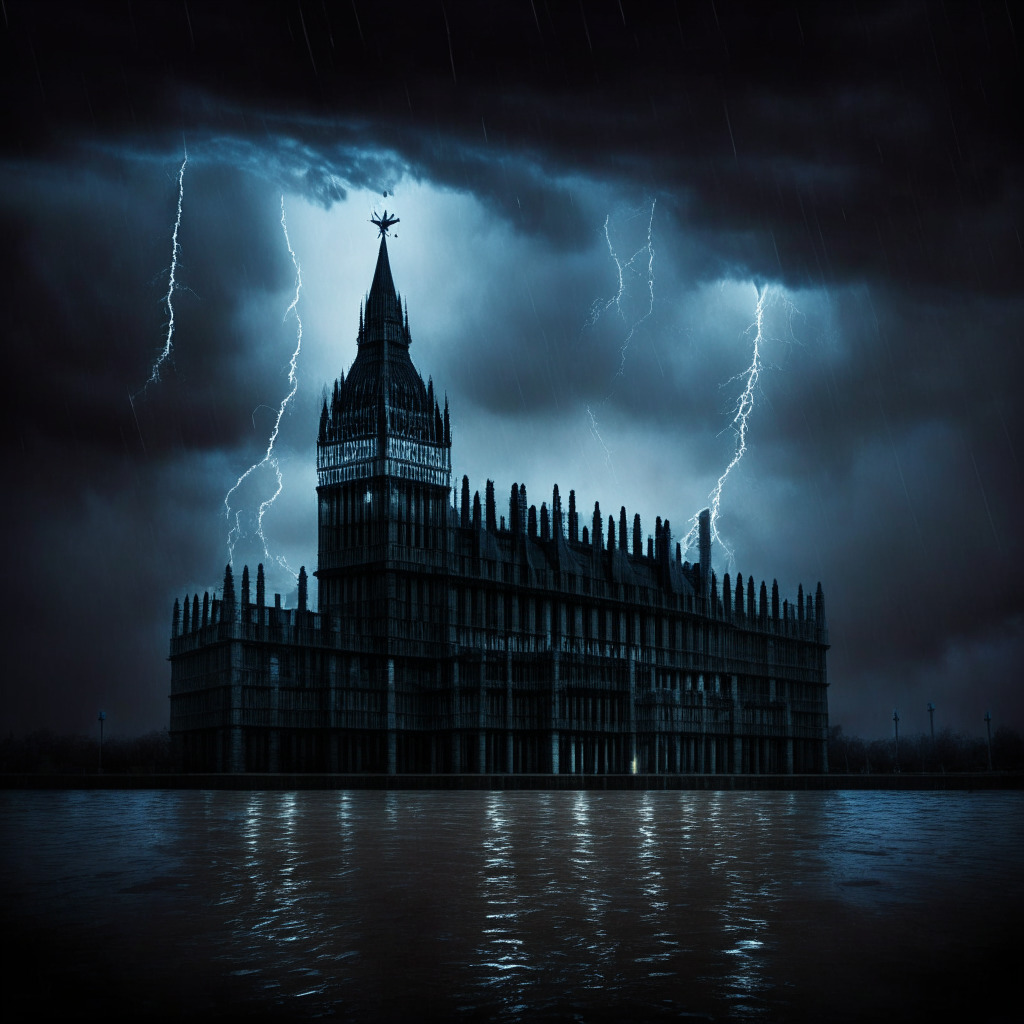 A dystopian yet artistic representation of the UK parliament house amidst a storm, symbolizing the stirring controversy. Romantic and gothic aesthetic, heavy emphasis on chiaroscuro lighting, gripping a sense of struggle between human creativity portrayed as a vibrant muse versus an AI system represented by futuristic holograms. The mood is tense, brooding, embodying conflict between tech advancement and artists’ rights.