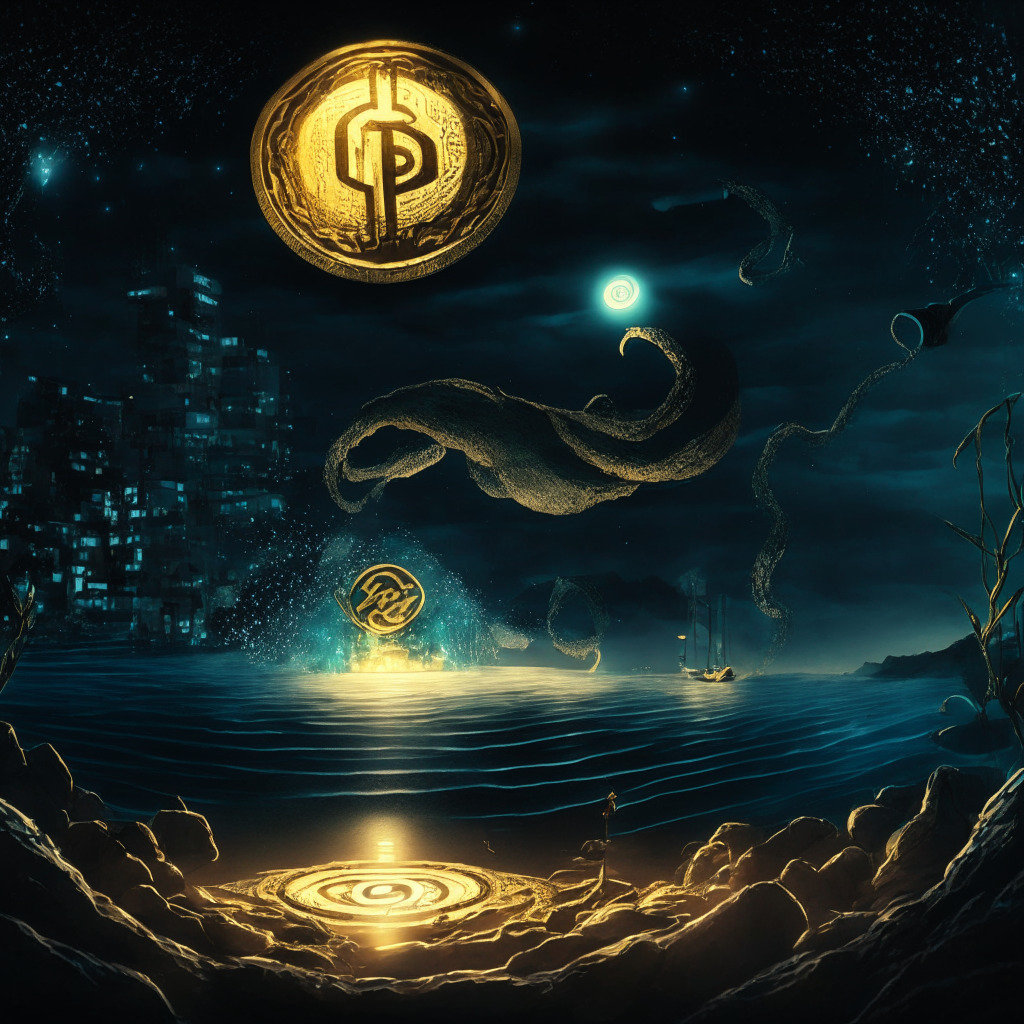 A nighttime scene capturing the essence of the DeFi ecosystem, embodying a balance of risk and reward. The centerpiece, a golden CRV token alongside a subtly gleaming USDT, symbolizing the proposed $2M purchase. A leviathan shadow casting a veil of risk, indicative of critics' fears of potential liquidation. In the background, distinct, ethereal entities represent Aave, Curve and unknown factors, hovering over a chessboard, portraying strategic moves and intricacy of negotiations. An aloof figure, signifying the over-leveraged user, standing at the edge, watching the DeFi landscape with uncertainty. The image is stylized in a futuristic, digital-art cyberpunk theme, with neon hues casting a mystique and tension, immersing the observer into a visceral experience of the throbbing uncertainty and fluctuation in the crypto scene.