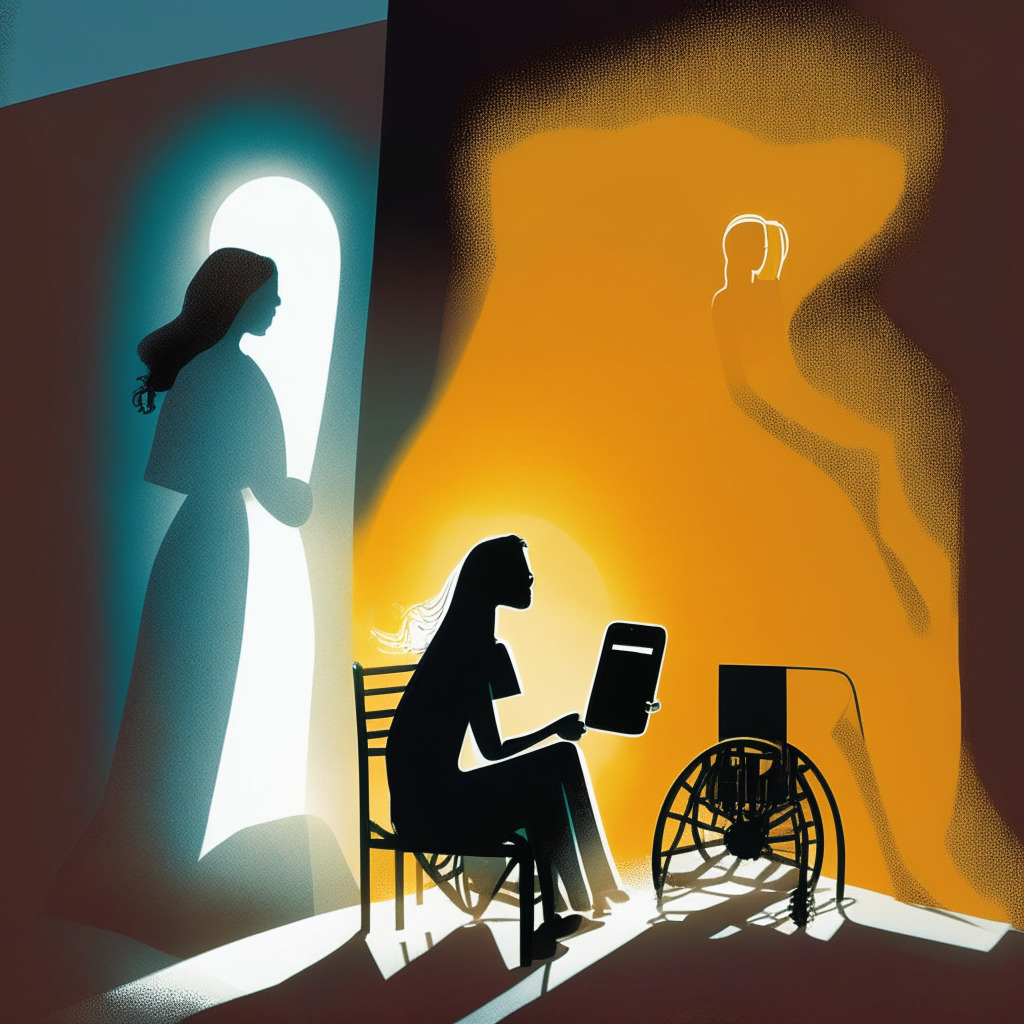 An empowering scene intertwining technology and disability, A person with a speech impediment confidently communicating via an AI-powered speech recognition device, bathed in warm, inviting light, demonstrating the transformative power of AI. However, a shadow looms, representing the hurdles of data privacy and accessibility costs.