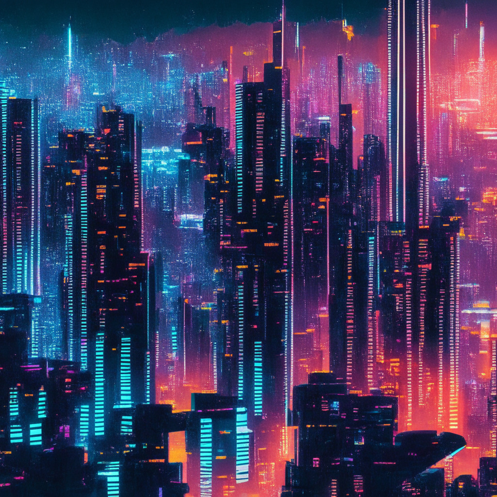 An intricate, cyberpunk-style cityscape of Hong Kong at dusk: Skyscrapers gleam with neon blockchain symbols, reflecting the futuristic vibe. Imprints of Bitcoin and Ether can be seen dancing in the vibrant market scene, hinting their dominance. Through a detailed contrast, two official-looking documents, representing Type 1 and Type 7 licenses, float above the city. In muted tones, up to 30% of the buildings appear layered in crypto codes, signifying investment restrictions. The mood is charged with anticipation and cautious optimism, yet it retains an undercurrent of potential conflict hinted by a few shadowy, uncertain corners.