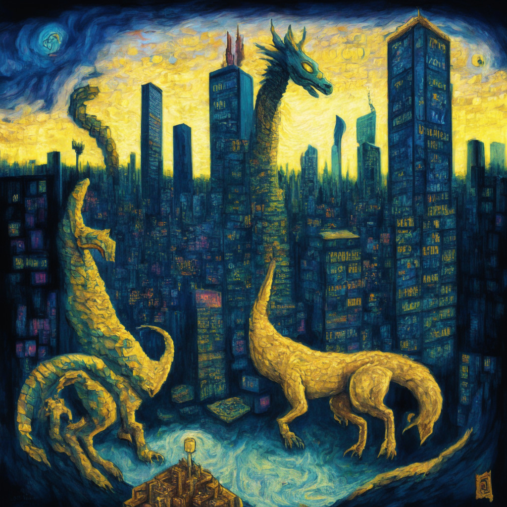 Early dawn scene, painted in a Van Gogh inspired impressionistic style. In the center, two powerful digital entities depicted as an eastern dragon and a western llama, locked in heated competition. In the background, looming skyscrapers of numbers and code, signify small to medium-sized corporations, as well as major tech companies. A landscape unfurling beneath them, a constant shifting pattern of technicolor networks, indicating the fluctuations and turbulence of DeFi. The mood conveys the tangible tension between innovation and risk management.