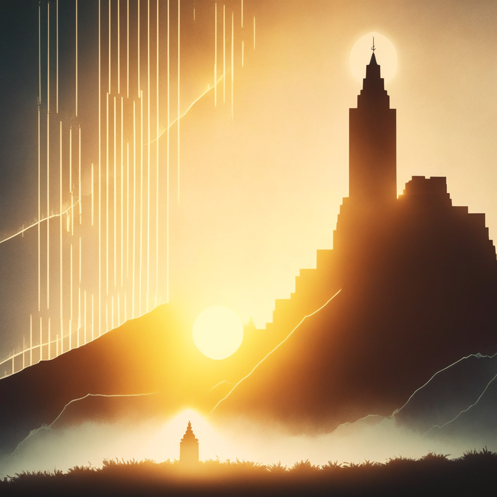 A cinematic view of a sunrise evolving into a dance of light and shadows, illustrating an optimistic head-and-shoulders price chart. The central peak is boldly accentuated, representing altcoins. In the background, a misty silhouette of an austere courthouse implies regulatory challenges. A distant sparkling horizon embodies the allure of high yields.