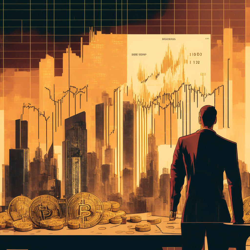 A vibrant financial market skyline, Bitcoin as a digital golden coin standing resiliently in the midst of fluctuating graphs and charts, a shadowy figure of Elon Musk in the background hinting at his influence on crypto markets, Chinese buildings crumpling symbolizing Evergrande's bankruptcy, dining room table with Bitcoin doubling as a salt shaker implying its reputation as a store-of-value, a glowing sun on the horizon representing upcoming Bitcoin halving event, in a melancholic dusk light setting, with an air of cautious optimism.