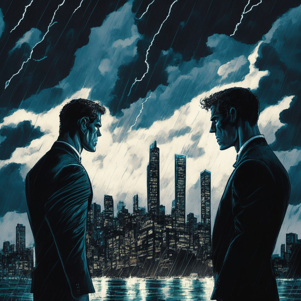 A vivid clash between a crypto titan and stern regulator in a futuristic, litigation-strewn setting. Figures symbolizing the Winklevoss twins and the SEC stand off under a gloomy evening sky, their expressions etched with determination. Portrayed between them, a desolate cityscape representing crypto exchanges, with shadowy outlines suggesting intense yet uncertain litigation. The scene imbued with a tense, foreboding mood, steeped in an abstract style with noxious, sickly-green lights.