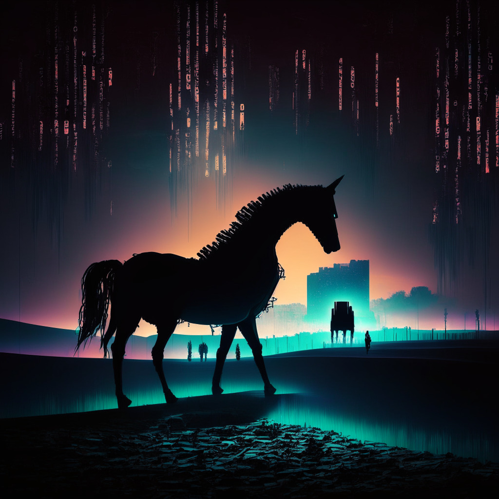 Digital landscape sunrise, dark silhouettes of countless data structures illuminated by neon shafts of light, a figure, sinister in a cloak of binary code, moves surreptitiously. In the background, a half-constructed dark trojan horse indicating danger. Cyberattack stages subtly shown, a looming, mysterious threat. Mood: tense, ominous, electrifying.