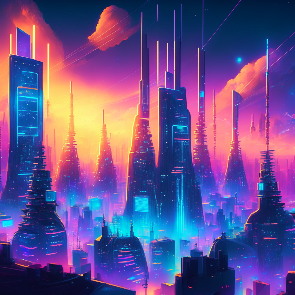 A scene showcasing a futuristic telecom city under a morning sky, vibrant with techno colors. Include high-tech communication towers, glowing with neural network patterns symbolizing AI innovation. Add multi-lingual holographic feeds streaming in the sky, representing LLM. Atmosphere should be optimistic, portraying the thrill of technological advancement.