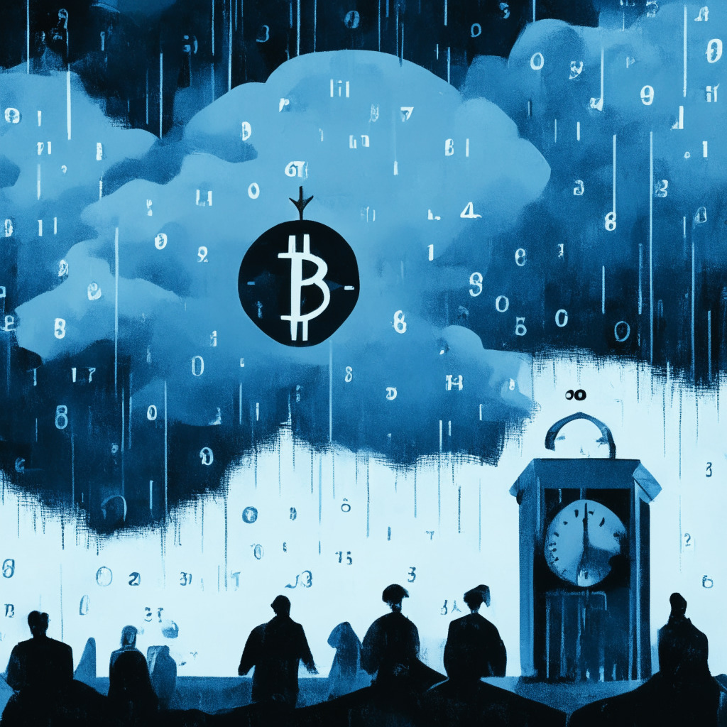 An abstract representation of an obscured number-themed clock, bathed in cool blue and neutral grey tones, hinting the delay and anticipation. The time is on the brink of midnight symbolizing Bitcoin ETFs' pending approval by SEC, with shadowy figures in the background-investors waiting in suspense. A looming stormy sky depicting uncertainty and hope, rendered in an impressionistic style.