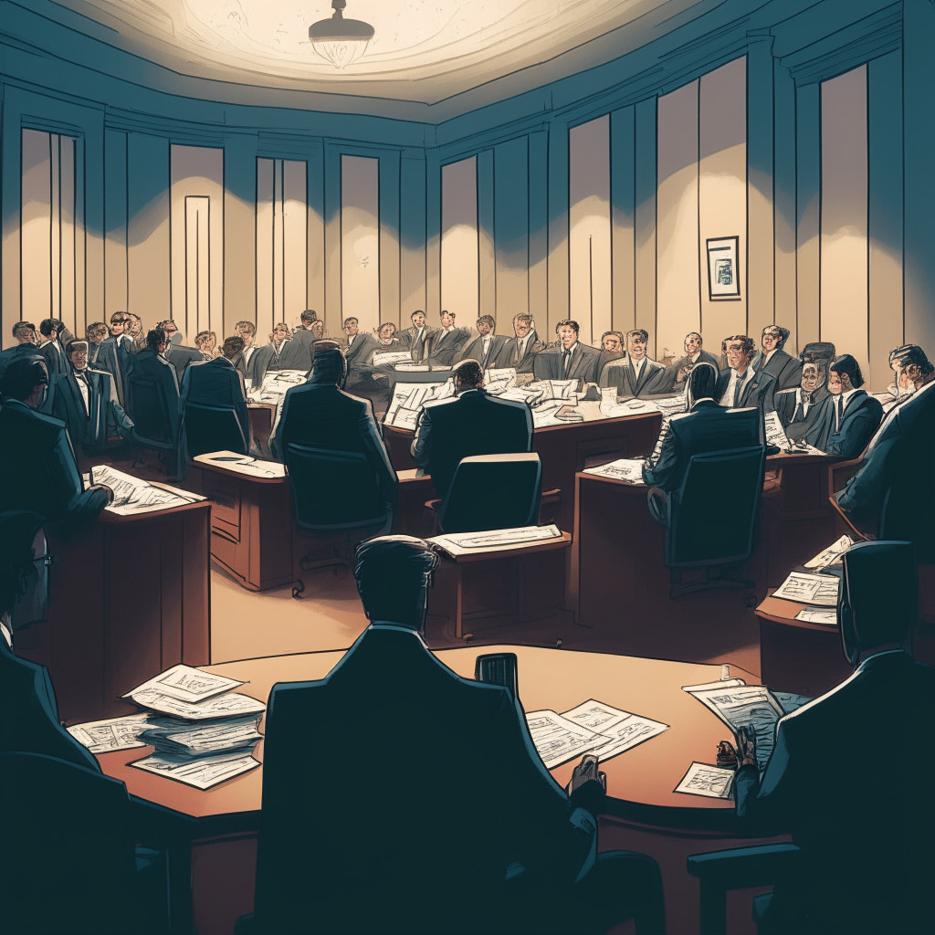 A modern legislative office filled with concerned crypto investors, waiting anxiously for an impending decision. In the room, an air of uncertainty and anticipation is highlighted by the ambiance of sober lighting with a touch of tension. An open Tax Law book on a desk, visible 1099 forms, a hint of almost tangible confusion represented artistically. The mood is uneasy yet hopeful, invoking the feeling of dawn before day, with subdued colors and a stylized digital aesthetic.