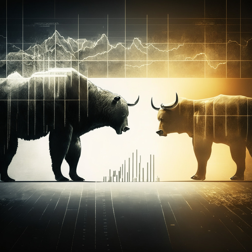 A large bear and bull in a face-off on a fluctuating stock chart-like landscape, divided by a bitcoin symbol. Bear side, grey tones & soft light portraying pessimism. Bull half, gold tones & bright light, hinting optimism. All encapsulated within digital matrix-style artistic environment to embody the volatility and unpredictivity of the crypto market.