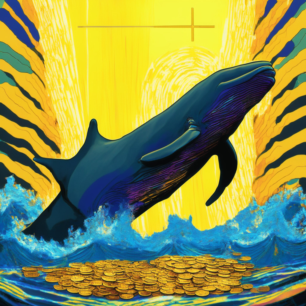 Golden cross breakout of a meme-themed token, vibrant colors, enigmatic hints of surges and dips, relevant cryptic symbols of ascent and decline. A gleeful whale stockpiling tokens under impressionist daylight. Underlying mood of excitement with subtle uncertainty, creating a dynamic, speculative atmosphere.