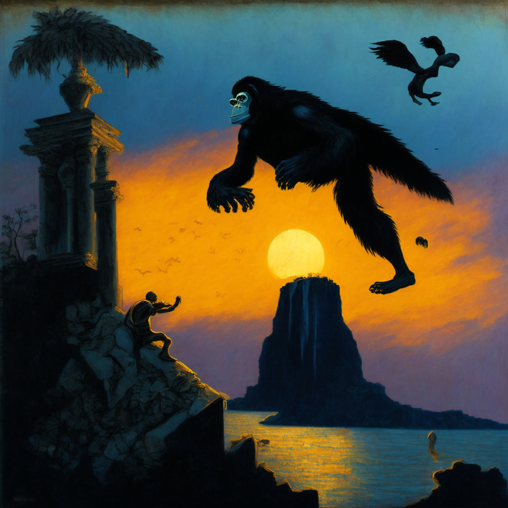 A dramatic financial world tableau painted in the style of Romanticism, featuring two symbolic entities - a falling Ape and a rising Sonik bird. The scene bathed in the somber light of dusk, presenting a striking contrast between the despair of the tumbling ape on the monetary cliff and the luminous, hopeful Sonik bird ascending in the twilight sky. The mood is melancholic yet hopeful, reflective of the volatile crypto market.