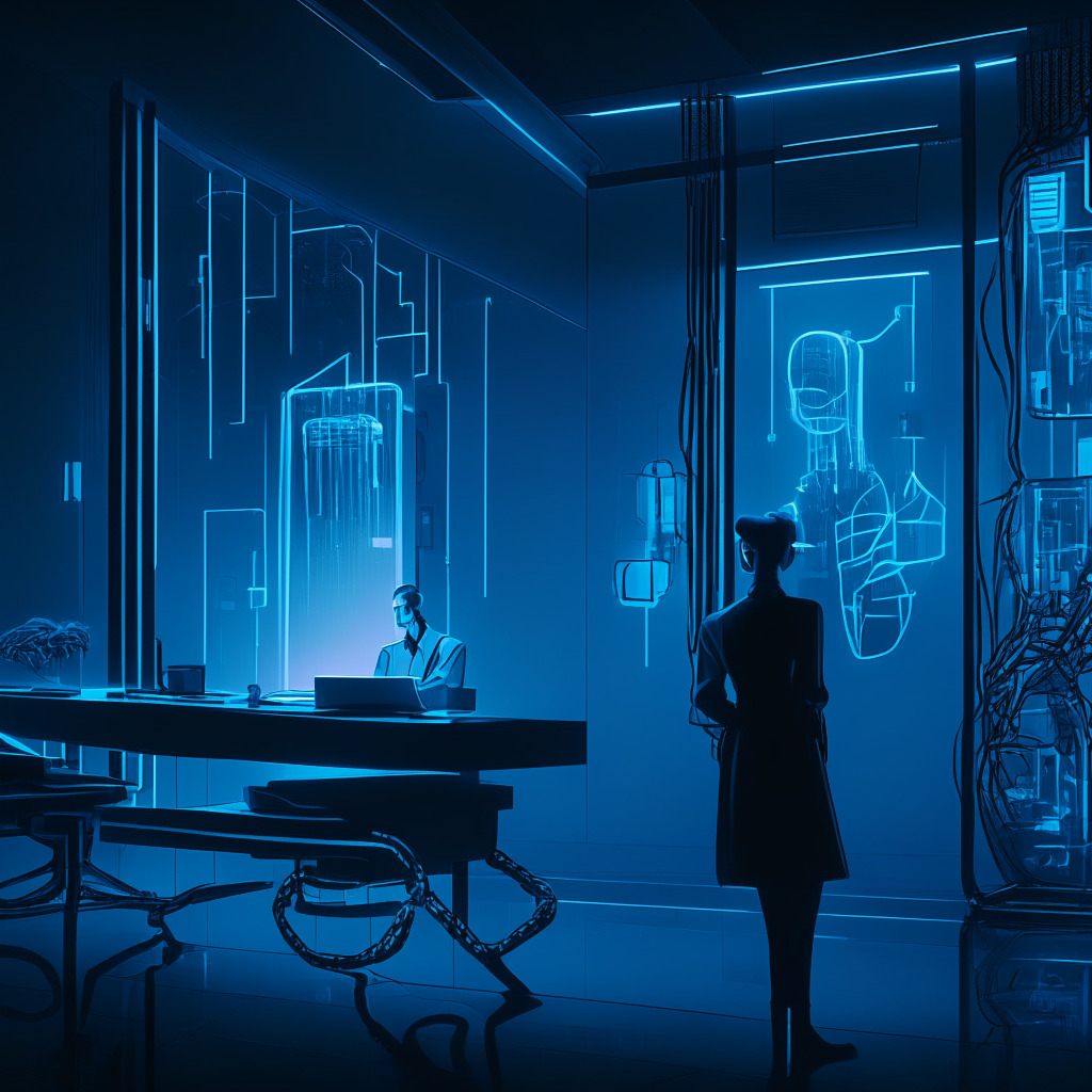 A late-evening scene in a futuristic digital lab, gloomy yet intriguing tone, dominated by deep blues and shadowy blacks. Central, a sleek, holographic chatbot named 'Aptos Assistant', emanating soft azure hues. On one side, the ghostly luminescent chains of AI-blockchain synergy. On the other side, a pensive technologist debating a complex conundrum, evoking uneasiness and anticipation.