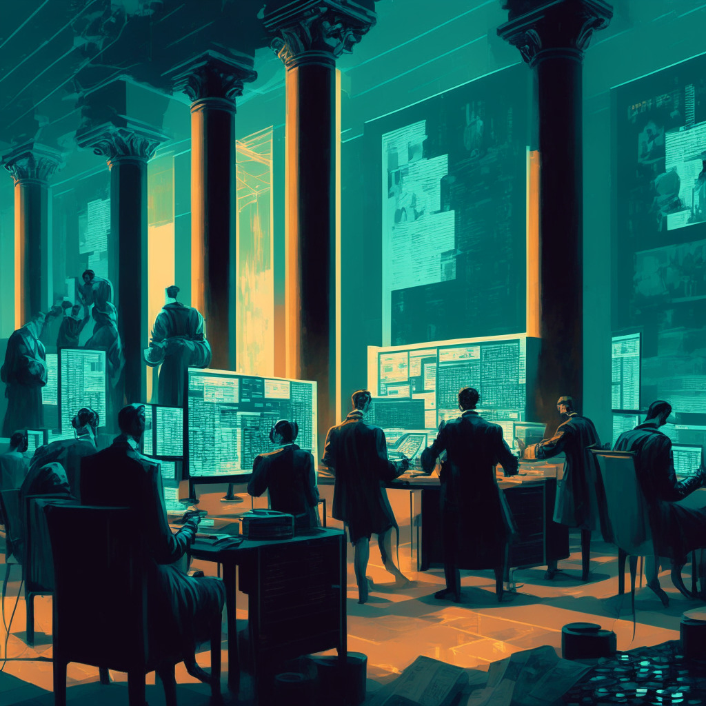 A scene representing the duality of a burgeoning cryptocurrency market, the high-stakes, tumultuous feel of a stock exchange, juxtaposed with the calculated calm of a tech collaboration. Intense market activity contrasted with a serene AI development lab. The style mimicking a modern renaissance painting, using a muted yet intense color palette. The light diffused, creating a dramatic but defining complexity. The mood, a tangible tension infused with a whisper of unexpected collaboration and hope.