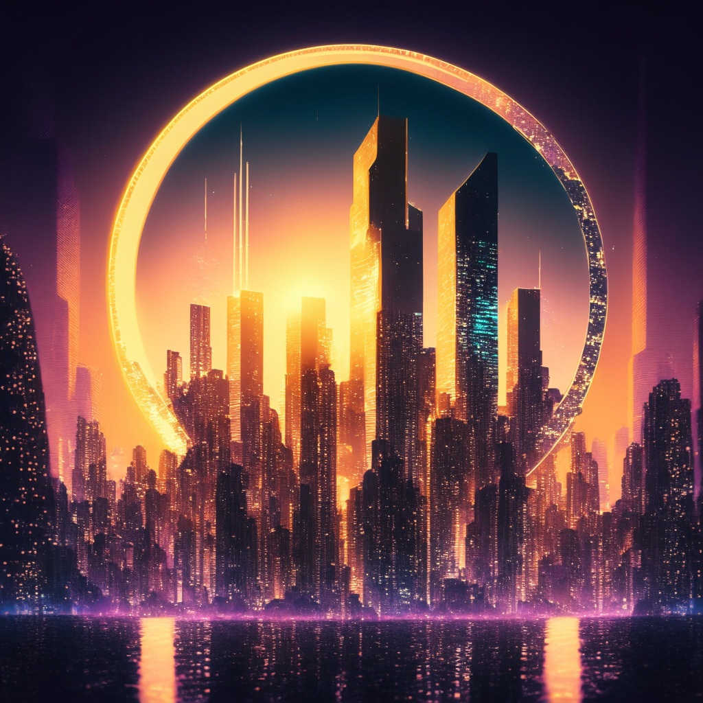 A futuristic cityscape under a radiant sunset, towering skyscrapers embedded with cryptic, swirling, blockchain strings of light, evoking impressionism with a cyberpunk twist. A large floating holographic projection of a $100 coin, encapsulating the air of speculative euphoria, uncertainty, and high potential of the crypto market. Moonlight penetrating the encryption provides a soothing contrast, adding a sense of calm. The image tells a story of technological progress and financial intrigue.
