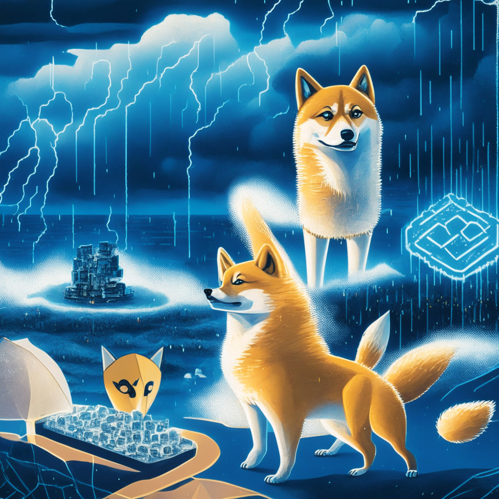 Detailed illustration of two contrasting crypto landscapes: one symbolising the Aptos-Microsoft alliance, displaying tools and services being widened on a futuristic-looking, brilliantly-lit blockchain with a chatbot assistant as a helpdesk, another showing the fervor around Shibie, with its Shiba Inu-Barbie hybrid token amidst a storm on a vast scale, exuding irresistible charm; impressionist style, vibrant color palette and dynamic composition reflecting the volatile mood of intrigue and speculation.