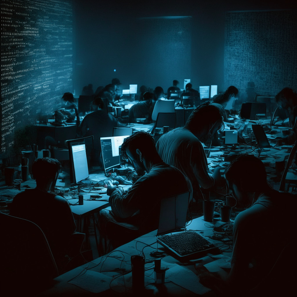 Late-night crypto workshop lit softly with the glow of the moonlight and screens, Blockchain creators engrossed in deep code. The mood is intense yet hopeful, layout subtly running the digital threads of languages like Rust, C++, and C through the ether of networks. An ethereal router symbolizing the Arbitrum blockchain. No brands or logos.