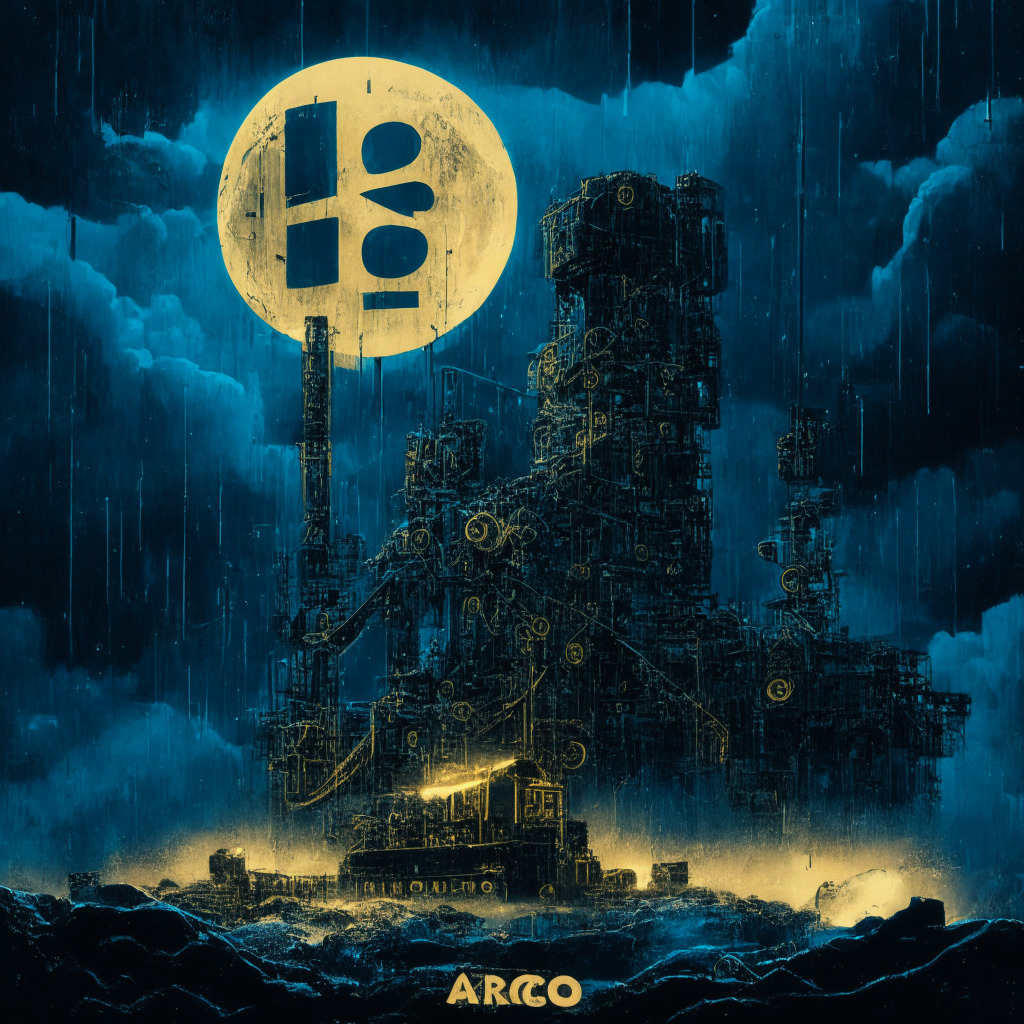 A moonlit, gritty industrial scene, dominated by massive, intricate machinery, symbolizing the physical and digital machinery at Argo Blockchain. The foreground features piles of bitcoin, while the background shows a dynamic, storm-filled sky. The colour palette is sombre with dashes of gold and blue, indicating both turmoil and hope. A single-row stock ticker showing a decline adds an air of tension.
