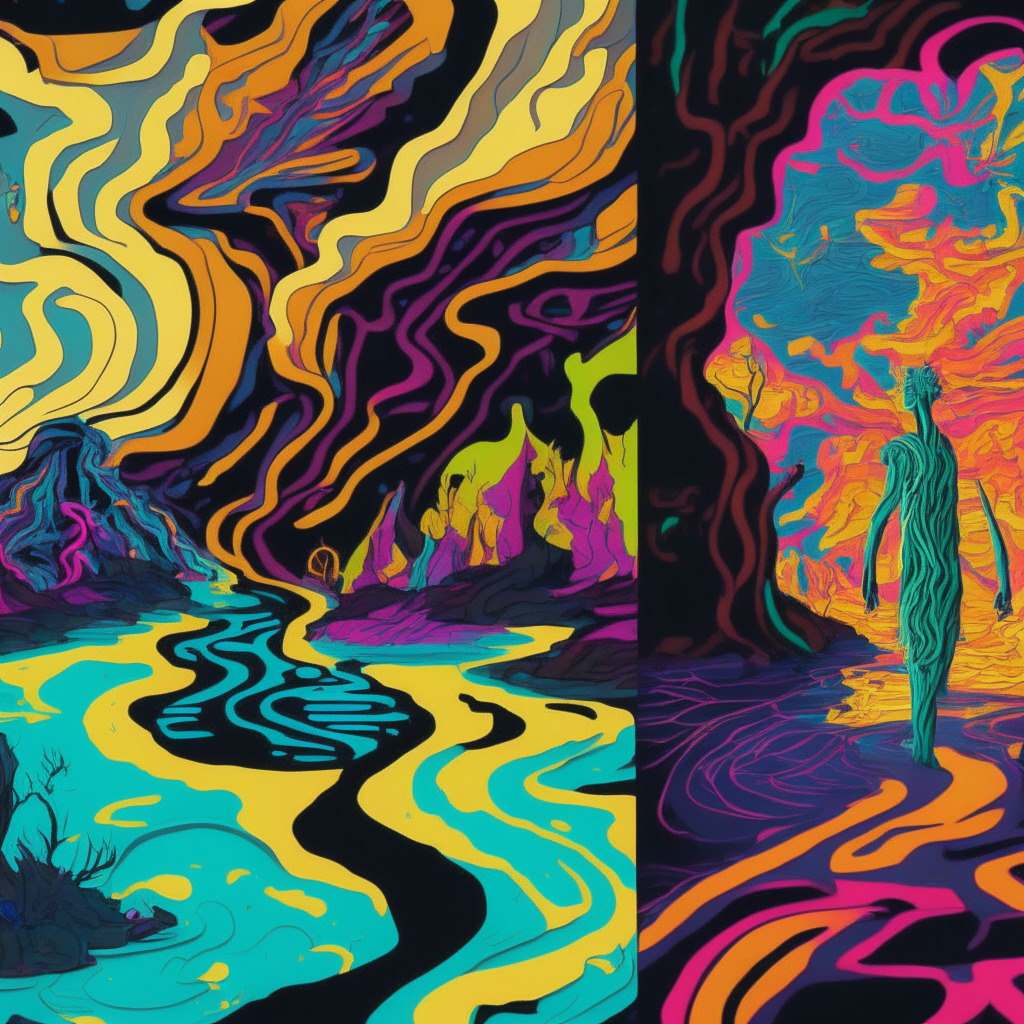 A stylized digital landscape, reflecting turmoil, polarization, and paradox. On the left, an abstract figure representing Ben Armstrong, vivified in earth tones, radiates a confusing aura. He is parted from a vibrant, neon avatar of BitBoy Crypto on the right. Between them, a river of mixed swirling colors, indicating disconnect. An underlying tone of skepticism and uncertainty pervades amidst flashes of light signifying hope and potential. With the flavor of pop-art, a clear line divides them, illustrating the paradox of his persona.