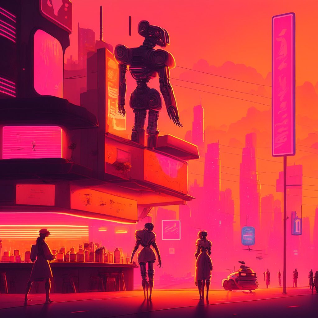 A futuristic cityscape at sunset, glowing with warm pink and orange hues. In the forefront, a restaurant brightly radiating with neon lights. An AI robot and human figure stand side-by-side, engaged in delivering diverse cuisines, creating a scene of harmony yet a subtle tension. Diffused glow behind to represent uncertain future in food delivery.