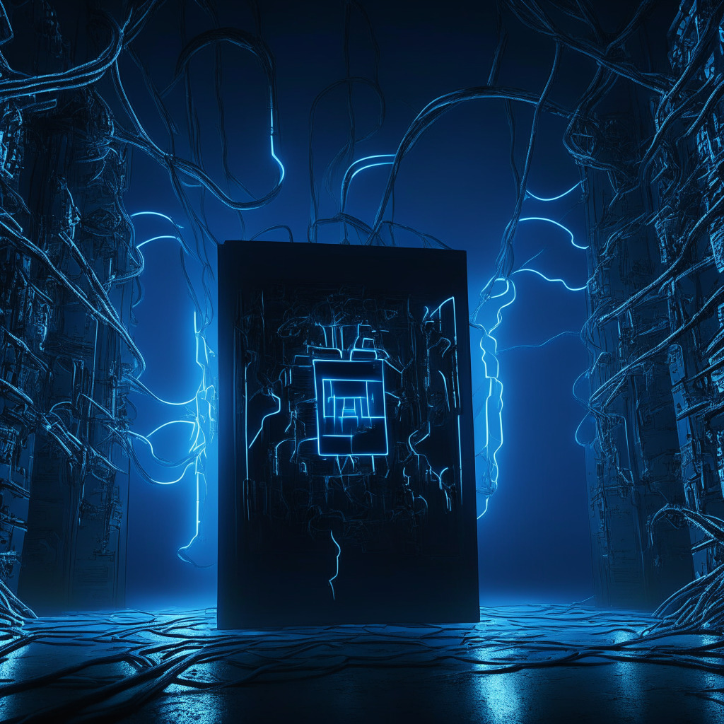 Dystopian digital skyline, ominous shadows cast by towering servers and tangled wires, glowing neon blue cryptocurrency symbols reflected on dark, polished surfaces. In the foreground, a vault door half-opened, light from a hidden source illuminating the breach, a puppet string leading to an unseen master. Use soft textures, sharp contrasts, subdue lights for a suspenseful mood.